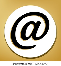 Mail sign illustration. Vector. Black icon with light brown shadow in white circle with shaped ring at golden background.