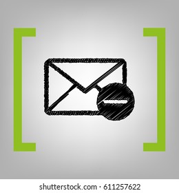 Mail sign illustration. Vector. Black scribble icon in citron brackets on grayish background.