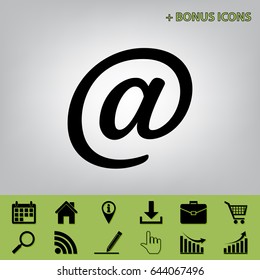 Mail sign illustration. Vector. Black icon at gray background with bonus icons at celery ones
