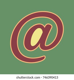 Mail sign illustration. Vector. Cordovan icon and mellow apricot halo with light khaki filled space at russian green background.