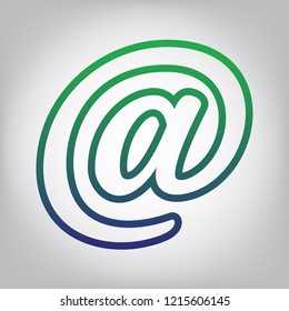 Mail sign illustration. Vector. Green to blue gradient contour icon at grayish background with light in center.