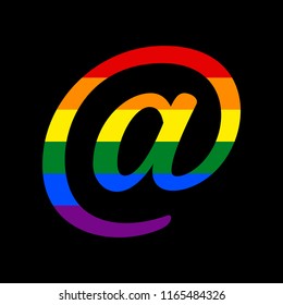 Mail sign illustration. Vector. Icon with colors of LGBT flag at black background.