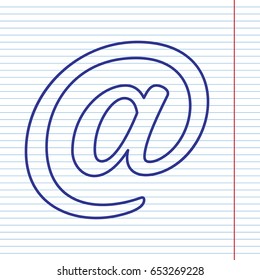 Mail sign illustration. Vector. Navy line icon on notebook paper as background with red line for field.