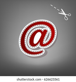 Mail sign illustration. Vector. Red icon with for applique from paper with shadow on gray background with scissors.
