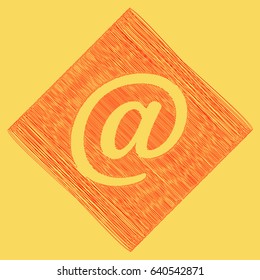 Mail sign illustration. Vector. Red scribble icon obtained as a result of subtraction rhomb and path. Royal yellow background.