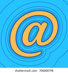 Mail sign illustration. Vector. Sand color icon with black contour and equidistant blue contours like field at sky blue background. Like waves on map - island in ocean or sea.