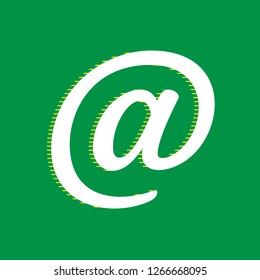Mail sign illustration. Vector. White flat icon with yellow striped shadow at green background.