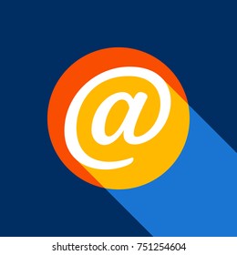 Mail sign illustration. Vector. White icon on tangelo circle with infinite shadow of light at cool black background. Selective yellow and bright navy blue are produced.