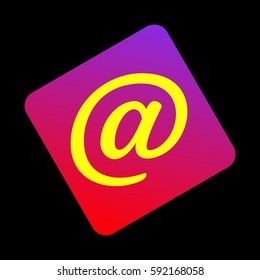 Mail sign illustration. Vector. Yellow icon at violet-red gradient square with rounded corners rotated for dynamics on black background.