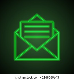 Mail simple icon vector. Flat design. Green neon on black background with green light.ai