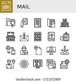 mail simple icons set. Contains such icons as Bill, File, Boxes, Ads, Envelope, Package, Medicine book, Communication, Postman, Website, Navigation, can be used for web, mobile and logo