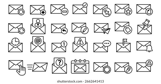 Mail Simple Line Icon Set with Envelope and Notifications in Black and White Color Vector Design Collections