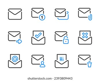 Iconos de línea vectorial de correo, SMS y correo electrónico. Conjunto de iconos de esquema de mensaje, carta y sobre.