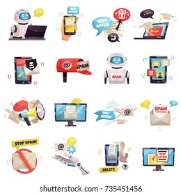 Mail spam bot icons set of robot gadget envelope malware best offer ad isolated cartoon vector illustration   