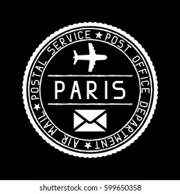 Mail stamp. Air mail postage service. Vector illustration on black background