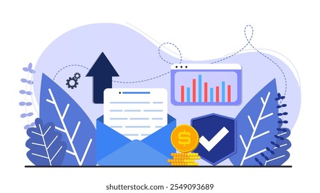 Mail and statistic page background webpage template. Accepting shield with user page, mail and money coin. Design for wallpaper, web, background, banner. Flat cartoon design. 