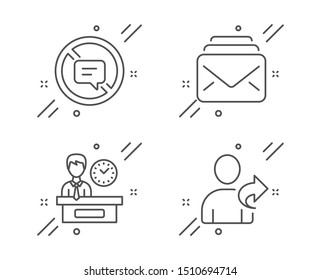 Mail, Stop talking and Presentation time line icons set. Refer friend sign. New messages, Do not talk, Report. Share. Technology set. Line mail outline icon. Vector