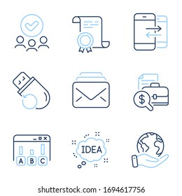 Mail, Survey results and Phone communication line icons set. Diploma certificate, save planet, group of people. Idea, Flash memory and Accounting report signs. Vector