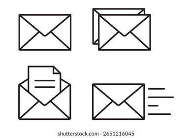 Conjunto de ícones de linha fina de email. ilustração de vetor de ícone de email, email e envelope.