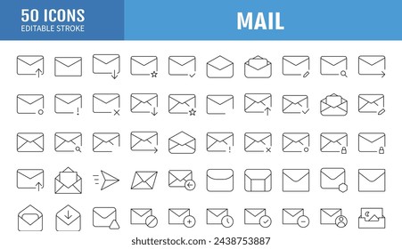 MAIL - thin line vector icon set. Pixel perfect. Editable stroke. The set contains icons: E-Mail, Mail, Address Book, Envelope, Letter Sending, Inbox Letter, Searching Letter.