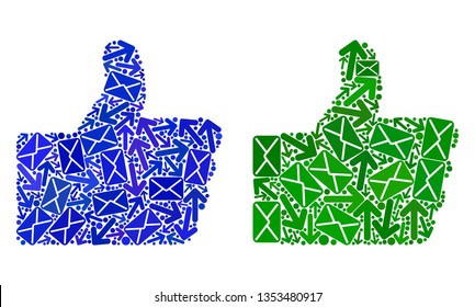 Mail thumb up icon mosaic of envelopes and arrows with blue color. Abstract vector thumb up illustration is formed with mail communication symbols. Flat design for mail traffic templates.