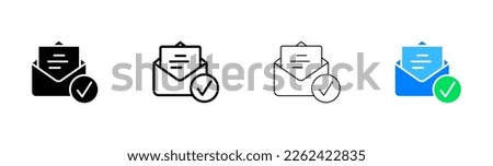 Mail with tick set icon. Success, send, check, download, delete, add, delivery, post office, like, protection, privacy. File concept. Vector icon in line, black and colorful style on white background