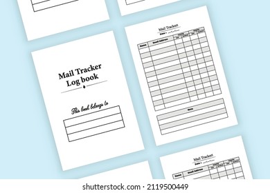 Mail tracker journal interior. Business information log book. Incoming and outgoing mail tracker diary interior. Log book interior. Mail checklist notebook. Mail checker journal.