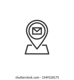 Mail tracking line icon. Post location pin linear style sign for mobile concept and web design. Map marker with post mail outline vector icon. Symbol, logo illustration. Vector graphics