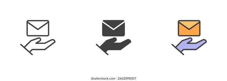 Mail transfer icon with open hand and flying envelope in line, solid and filled outline style. Represents mail handover, send or receive message icon.