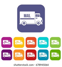 Mail truck icons set vector illustration in flat style In colors red, blue, green and other