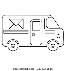 Mail truck for little kids. A coloring page with a cartoon-style flat vector illustration of a mail truck depicted in a side view. The lines are bold, and uniform in thickness. 
