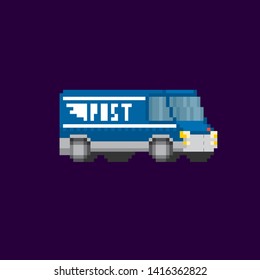 Mail van. Mail delivery car. Pixel art. Old school computer graphic. 8 bit video game. Game assets 8-bit sprite.
