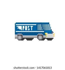 Mail van. Mail delivery car. Pixel art. Old school computer graphic. 8 bit video game. Game assets 8-bit sprite.