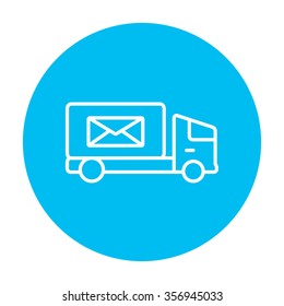 Mail van line icon for web, mobile and infographics. Vector white icon on the light blue circle isolated on white background.
