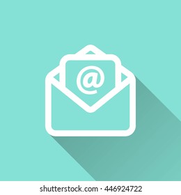Mail vector icon with long shadow. White illustration isolated on green background for graphic and web design.