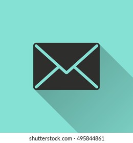 Mail vector icon with long shadow. black Illustration isolated on green background for graphic and web design.