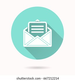 Mail vector icon with long shadow. White illustration for graphic and web design. Circle buttons.