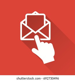 Mail vector icon with long shadow. White illustration isolated on red background for graphic and web design.