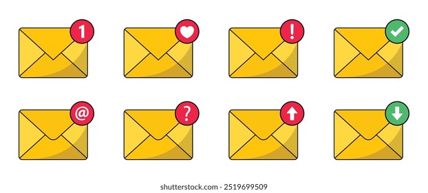 Mail vector icon set. Notification message or email vector icon set. Envelope message icon collection. Incoming message notification vector illustration.