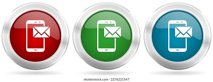 Mail vector icon set. Red, blue and green silver metallic web buttons with chrome border