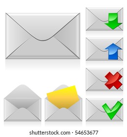 Mail vector icons. Closed and opened envelope with different signs.