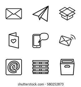 mail vector icons. Set of 9 mail outline icons such as paper airplane, cargo box, box, love letter, at email, mail