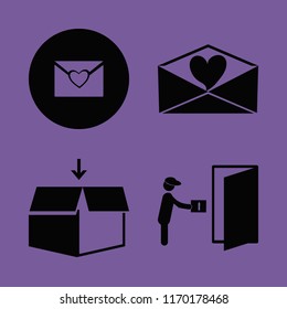 mail vector icons set. with open box, heart envelope and courier gives parcel in set