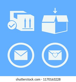mail vector icons set. with parcel box, envelope, open box and heart envelope in set