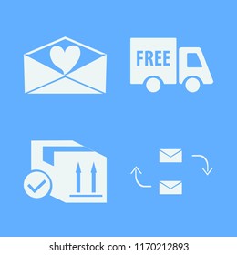 mail vector icons set. with parcel box, free delivery, response letter and heart envelope in set