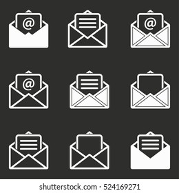 Mail vector icons set. White illustration isolated on black background for graphic and web design.