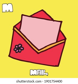 mail vector illustration on yellow background. open red envelope with pink paper. hand drawn lettering-mail. doodle for kids, education, icon, card, poster, kindergarten. hand drawn vector. 