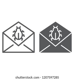 Mail virus attack line and glyph icon, message and security, email sign, vector graphics, a linear pattern on a white background, eps 10.