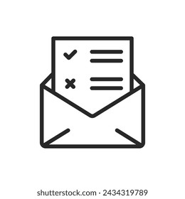 Votación por correo en icono de sobre, símbolo de sistema de voto ausente y postal, símbolo de contorno de vector para proceso de elección a distancia