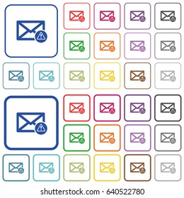 Mail warning color flat icons in rounded square frames. Thin and thick versions included.